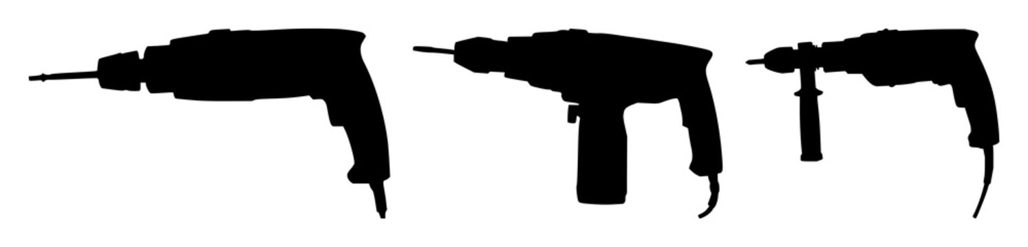 Electric drill set with black silhouette on white background featuring drill, tool, power with wood and metal with mechanical, hardware