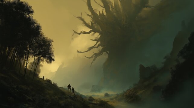 A misty forest path leads to a colossal, ancient tree with sprawling, twisted branches, as small figures walk toward it in a mysterious, atmospheric landscape.