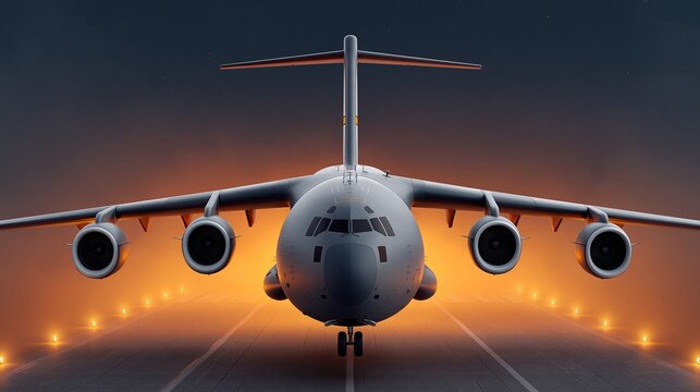 Military cargo aircraft with four engines positioned on a runway, illuminated by dramatic lighting, showcasing a powerful and robust design against a dark background