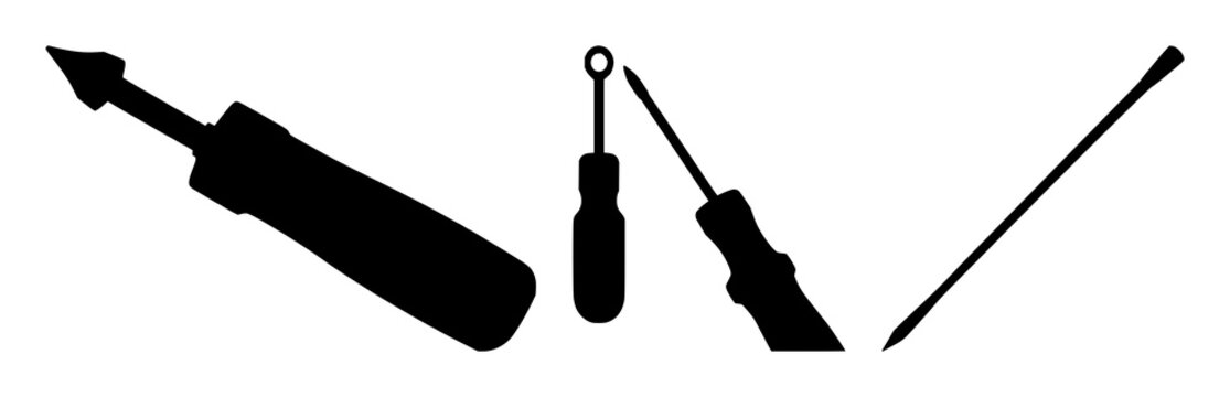 Screwdriver set with black silhouette on white background featuring hand tool, mechanical tool, construction item with power tools and household
