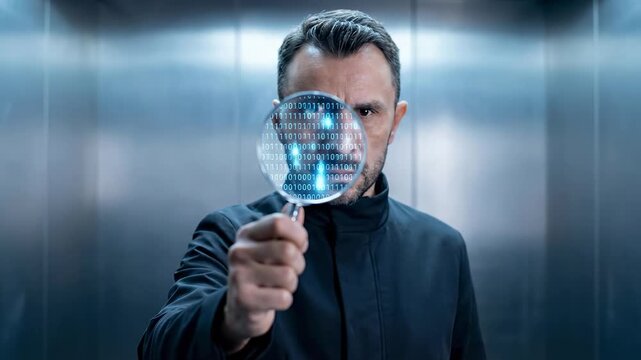yber security expert analyzing digital binary data through magnifying glass