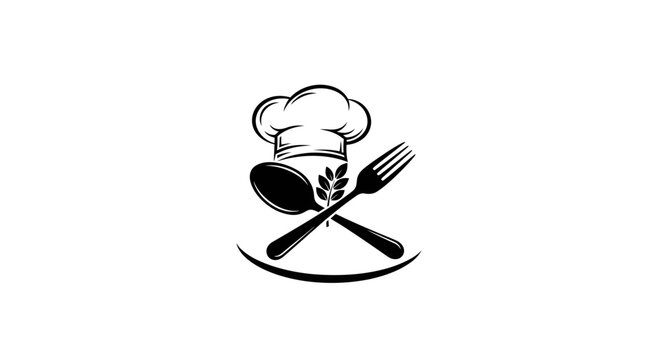 Set of black food and kitchen icons in a clean flat style, including chef hat, cutlery, coffee cup, cupcake, wine glass, fish, carrot, pizza slice, frying pan, and apple. Isolated on white background,