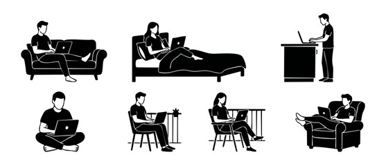People Working On Laptops Set, Remote Work Lifestyle Flat Vector Icons, Freelance Daily Routine Illustrations, Home Office Activities Collection, Professional Digital Nomad Concept in Minimalist Style © Fernando