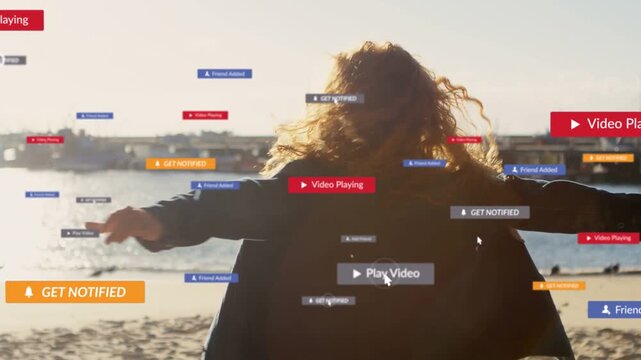 woman spinning on pier opening jacket revealing top cursor hovering sparking rising ads play badges