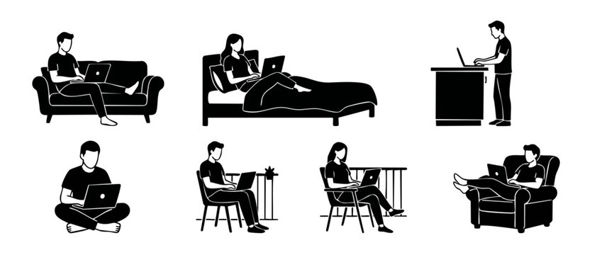 People Working On Laptops Set, Remote Work Lifestyle Flat Vector Icons, Freelance Daily Routine Illustrations, Home Office Activities Collection, Professional Digital Nomad Concept in Minimalist Style