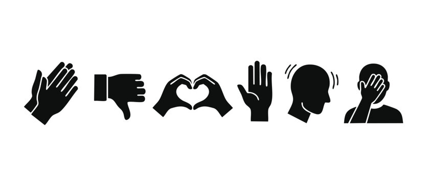 Human hand gestures and emotions icons set, expressing applause, dislike, love heart shape, palm stop, head shaking, and facepalm frustration for communication and feedback user interface design eleme