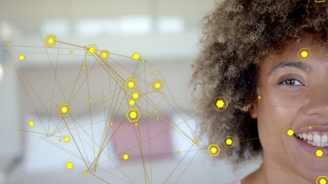 Woman reacting to drifting hex network, opening eyes, smiling as nodes marking face for tech demo