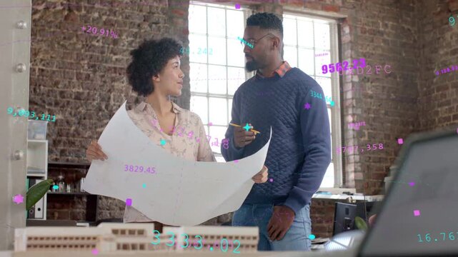 Woman holding plan toward man, starting design review with man pointing, overlay marking model