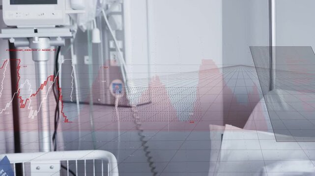 Female patient moving hand while vitals monitor starting waveform overlay over torso for healthcare