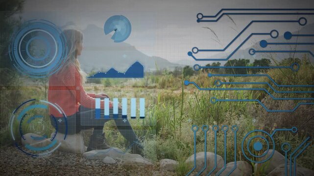 Woman sitting as tech starting HUD, animating radar or mountain or lap-bars or circuits, analyzing l