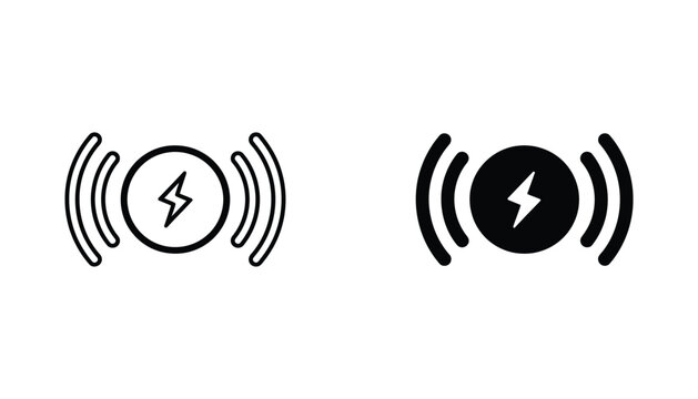 Wireless charging power bolt icon set with circular signal waves in outline and solid black styles for energy and battery technology isolated on white background