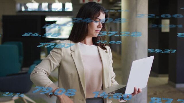 Streaming blue data causing woman holding laptop typing shifting pose smiling while reading results