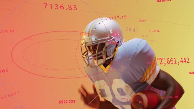 Vertical video: Football player shifting forward, driving play, data rings crossing helmet and ball