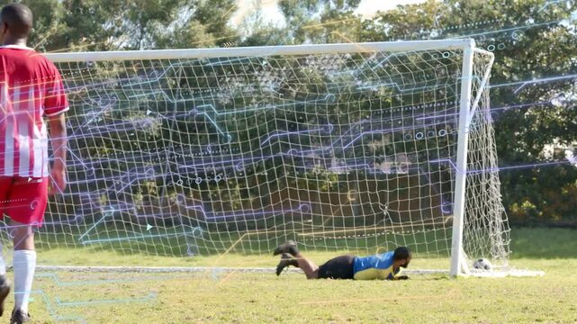 Attacker moving in box, keeper diving to block shot, soccer teammates cheering with circuit overlay