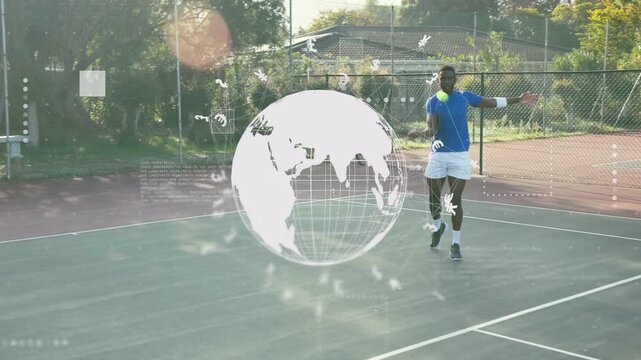 Woman tossing ball and man rallying on tennis court training with wireframe globe obscuring players