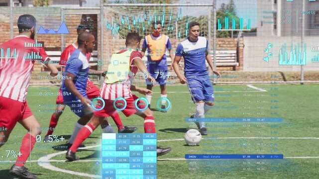 Blue player facing red pressure, dribbling soccer ball on center circle while overlay guiding pass