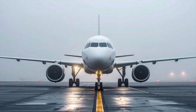 A stark white commercial airplane with powerful engines sits on a wet runway under overcast skies, ready for takeoff.