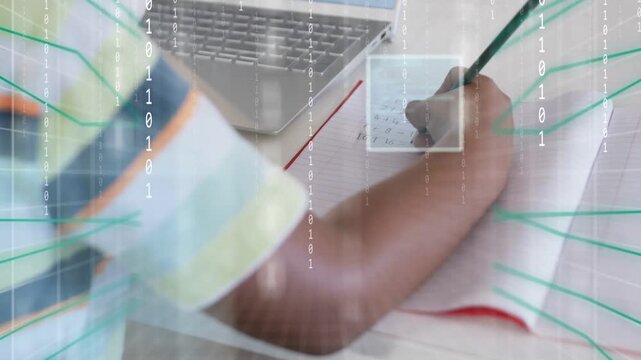 Boy doing math, pencil moving causing callouts tracking tip, binary streams peaking then fading