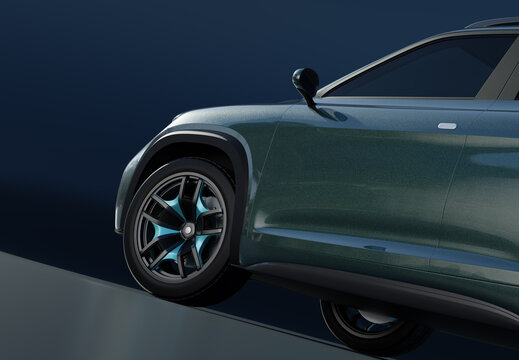 Studio rendering of Metallic green Electric SUV on dark background. 3D illustration.