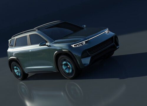 Studio rendering of Metallic green Electric SUV on dark background. 3D illustration.