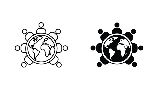 Global teamwork collaboration icon featuring people around the world globe in outline and solid styles for international business networks