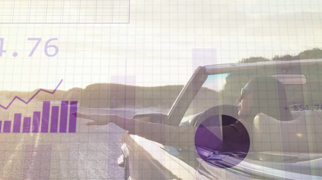 Woman leaning out window, driving into sun sparking charts over car, collecting, analysing data