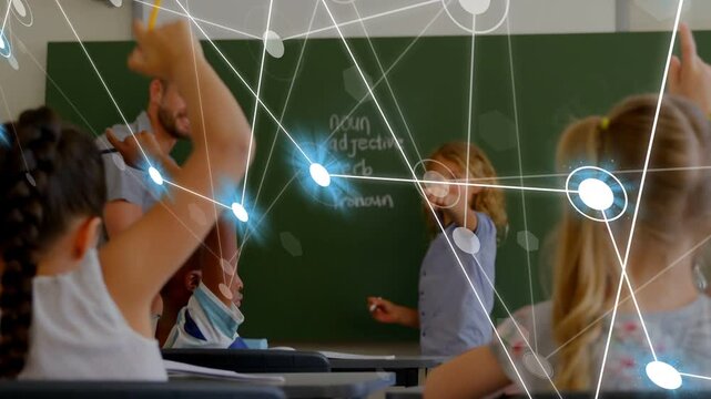Pigtail girl raising hand in class, teacher calling student to board, answering as nodes crossing