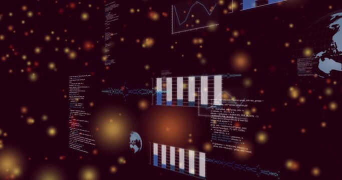 Displaying bar chart panel in 3D dashboard, showing line-graph, code, globes, golden bokeh