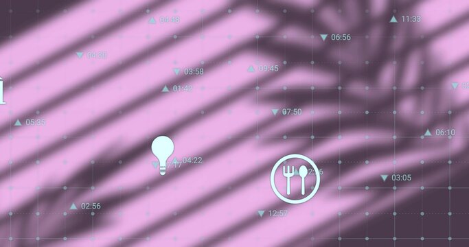 Displaying white cutlery icon right on wall, bulb, nodes, cyan time, slat frond shadow, copy space