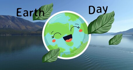 Obraz premium Floating cartoon Earth winking over lakeside mountains with leaves and hand-drawn Earth Day text