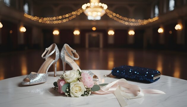 Elegant silver glitter high heels with a floral bouquet in a ballroom for a prom dance lifestyle horizontal image concept during a graduation ball event