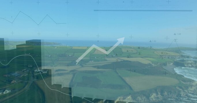 Displaying aerial coastal farmland with translucent data overlay over cliffs, showing upward arrow
