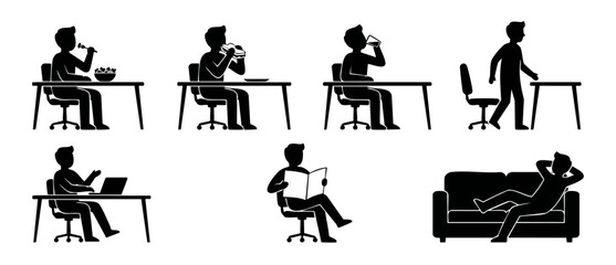 Fototapeta premium Man daily routine silhouette icons set, office break and home activities collection featuring eating, drinking, working, reading and relaxing on sofa for infographic or web design interface elements.