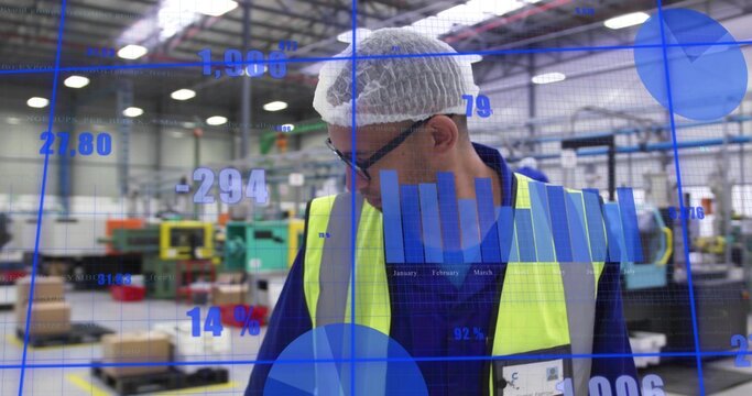Inspecting factory worker wearing neon vest ID, checking belt on plant floor with blue overlay