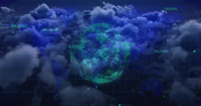 Rotating holographic globe displaying aerial data above cloud layer, with grid, markers, readouts