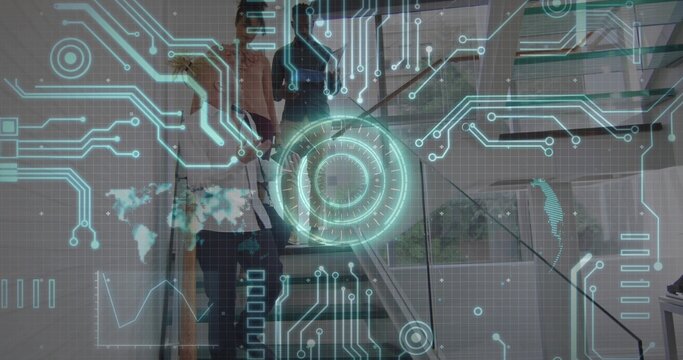 Projecting digital overlay covering office stairs, coworkers in business attire, with HUD, circuits