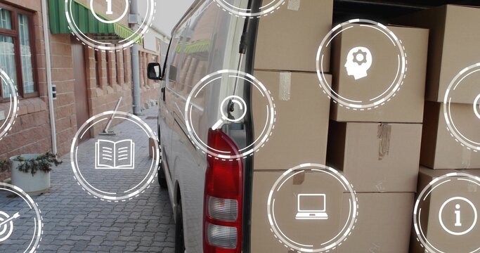 Featuring white cargo van and stacked cardboard boxes occupying narrow service alley, with UI icons