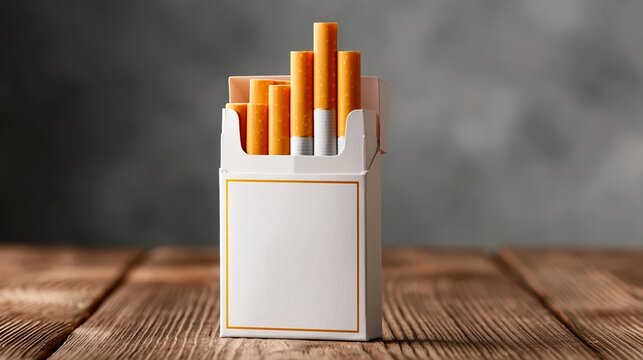 Cigarette pack with orange filter cigarettes displayed on a wooden surface, featuring a blank white label for branding or design purposes