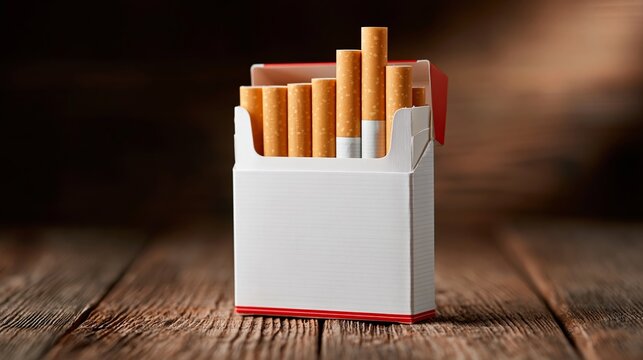 Cigarette pack with several cigarettes visible, placed on a wooden surface, showcasing a clean and minimalistic design with a focus on the product
