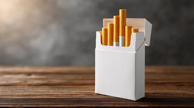 White cigarette pack with orange filter cigarettes partially visible, placed on a wooden surface with a blurred background and soft lighting