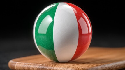 Obraz premium Glossy sphere featuring the Italian flag design, resting on a wooden surface with a dark background, highlighting vibrant colors and smooth texture
