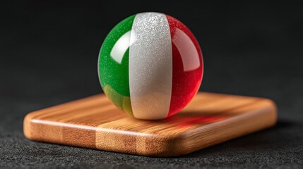 Obraz premium Glossy sphere featuring Italian flag colors of green, white, and red, placed on a wooden surface with a dark background for a striking visual effect