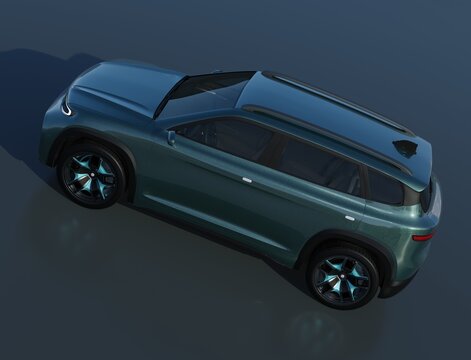 Studio rendering of Metallic green Electric SUV on dark background. Side view. 3D illustration.