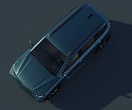 Studio rendering of Metallic green Electric SUV on dark background. Top view. 3D illustration.