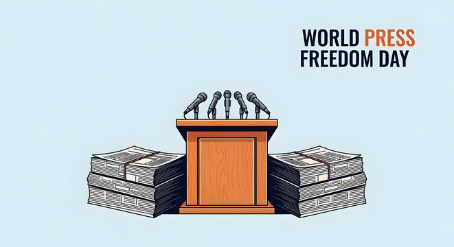 World Press Freedom Day podium with stacked newspapers and microphones for media speech