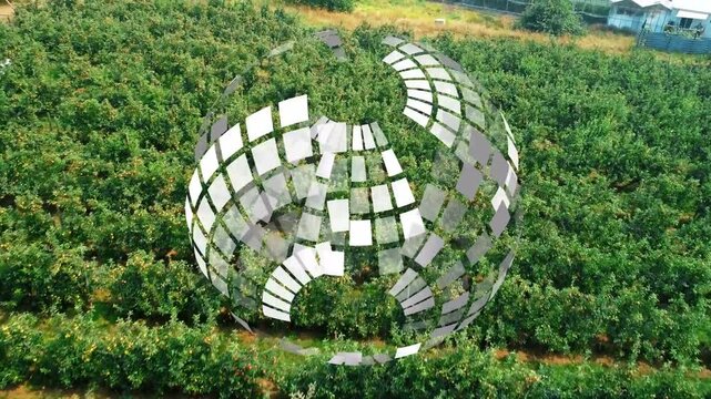 Drone approaching, mirrored tiles forming sphere rotating thinning reflecting orchard to show trees