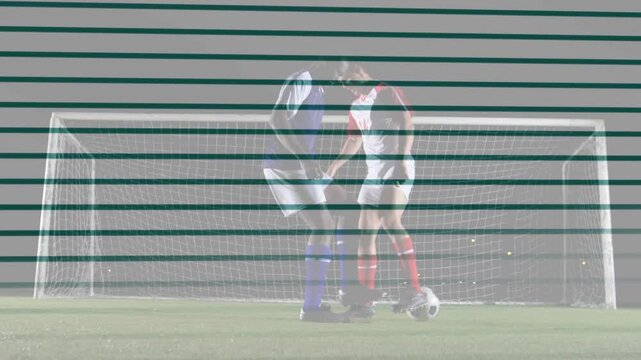 Ball near goal soccer striker shielding to score marker blocking diagonal overlays crossing players
