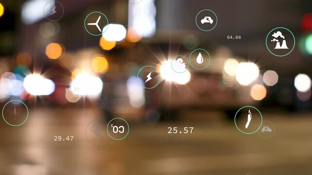 Cars causing data rings drifting and changing numbers, showing energy data as walker passing behind