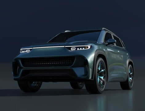 Studio rendering of Metallic green Electric SUV on dark background. 3D illustration.