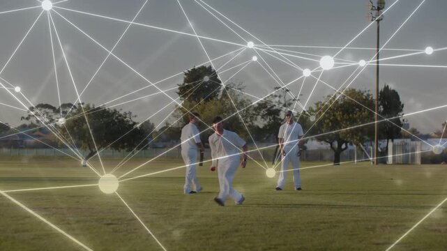 Batsman adjusting bat while bowler releasing ball, swinging, node overlay tracking play for sports